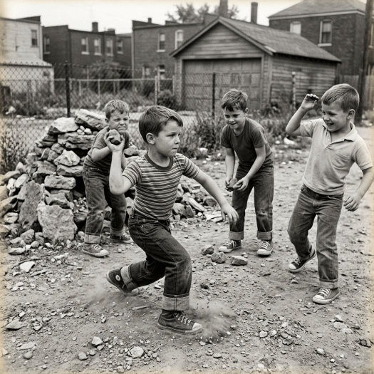 Four boys playing and throwing rocks in a dirt alley with old houses and a fence